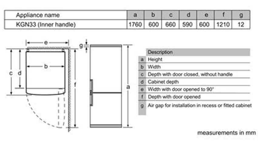 Bản vẽ kỹ thuật Tủ lạnh Bosch KGN33NL20G - 2 cánh ngăn đông dưới