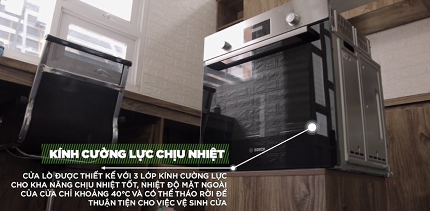 Lò nướng Bosch HBF113BR0A cách sử dụng chi tiết 11 Cửa lò nướng Bosch HBF113BR0A chịu lực và nhiệt rất tốt